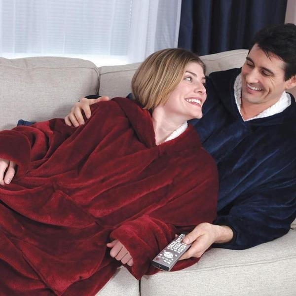Fleece Lined Blanket Sweater Hoodie with Giant Hood Wide Sleeves and Large Pocket Wearable Blanket