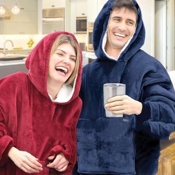 Fleece Lined Blanket Sweater Hoodie with Giant Hood Wide Sleeves and Large Pocket Wearable Blanket