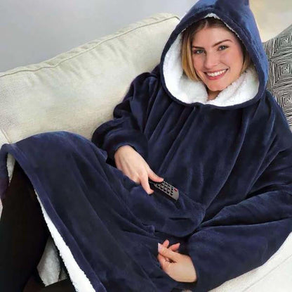 Fleece Lined Blanket Sweater Hoodie with Giant Hood Wide Sleeves and Large Pocket Wearable Blanket