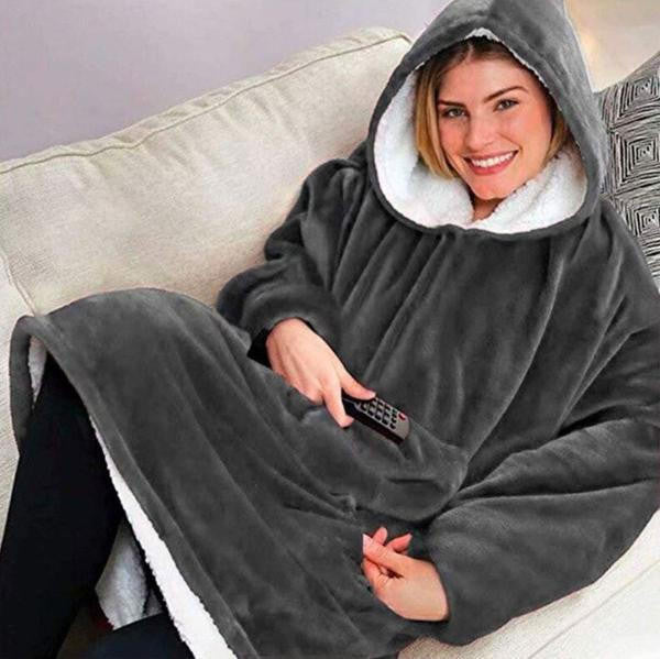 Fleece Lined Blanket Sweater Hoodie with Giant Hood Wide Sleeves and Large Pocket Wearable Blanket