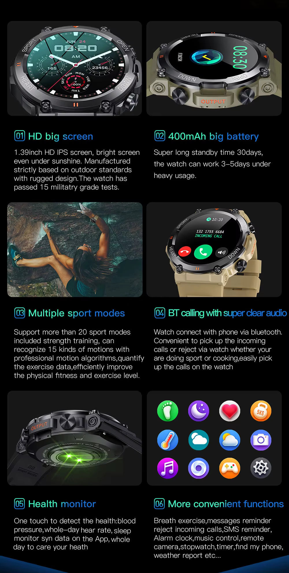 Rugged Outdoor Smartwatch with 1.39 Inch Round Display, Long Battery Life and Activity Tracking