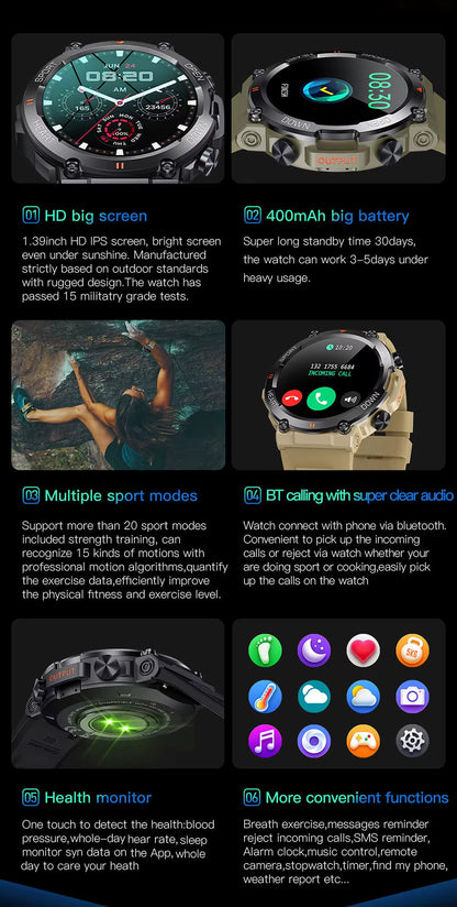 Rugged Outdoor Smartwatch with 1.39 Inch Round Display, Long Battery Life and Activity Tracking