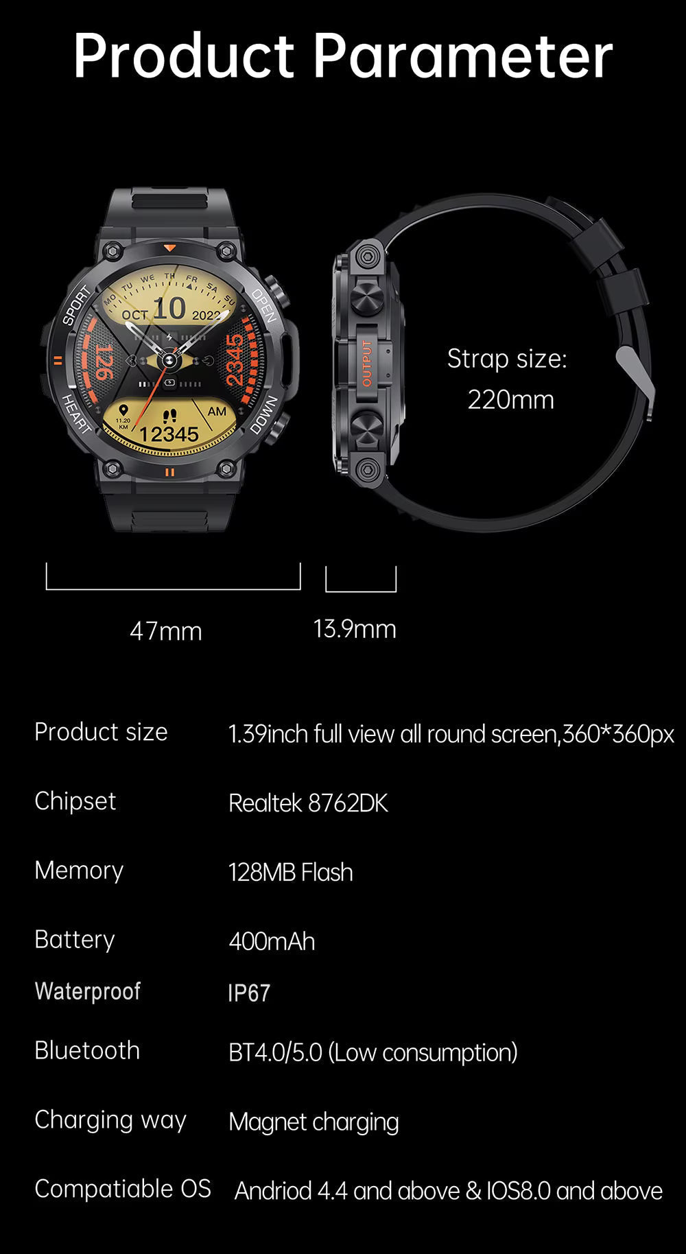 Rugged Outdoor Smartwatch with 1.39 Inch Round Display, Long Battery Life and Activity Tracking