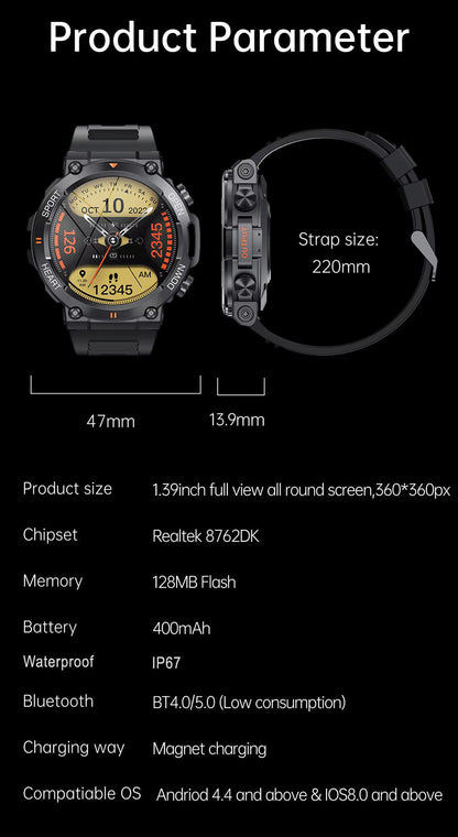 Rugged Outdoor Smartwatch with 1.39 Inch Round Display, Long Battery Life and Activity Tracking