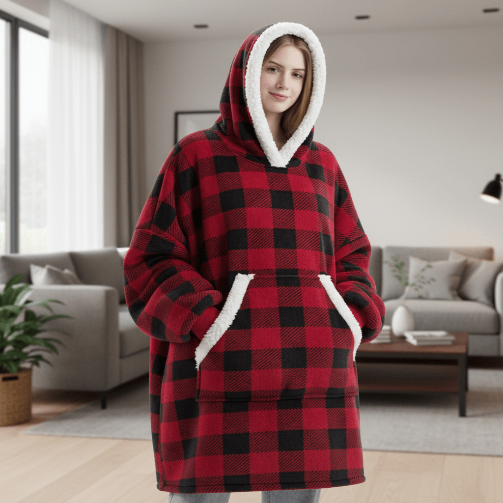Fleece Hooded Blanket with Oversized Hood, Front Pocket and Machine Washable Fabric