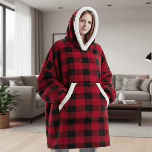 Fleece Hooded Blanket with Oversized Hood, Front Pocket and Machine Washable Fabric