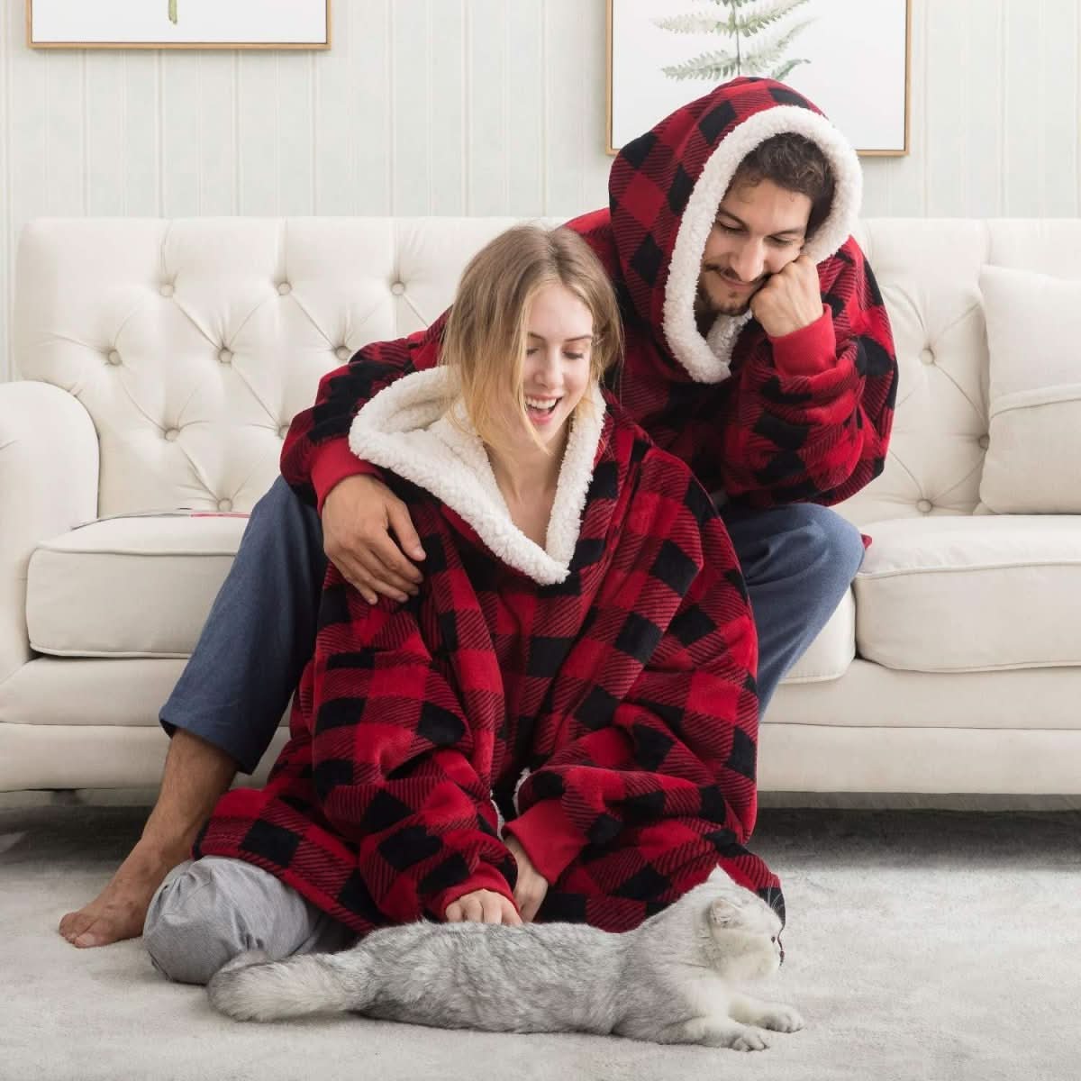 Fleece Hooded Blanket with Oversized Hood, Front Pocket and Machine Washable Fabric