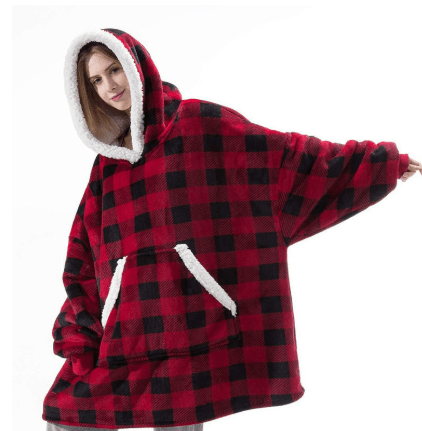 Fleece Hooded Blanket with Oversized Hood, Front Pocket and Machine Washable Fabric