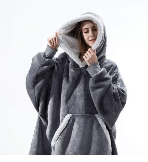 Fleece Hooded Blanket with Oversized Hood, Front Pocket and Machine Washable Fabric