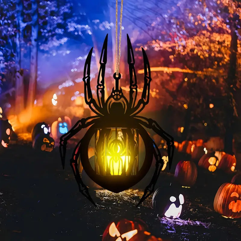 Hanging Spider Lantern Candle Holder, Black Wooden Gothic Halloween Lantern for Tea Lights or LEDs