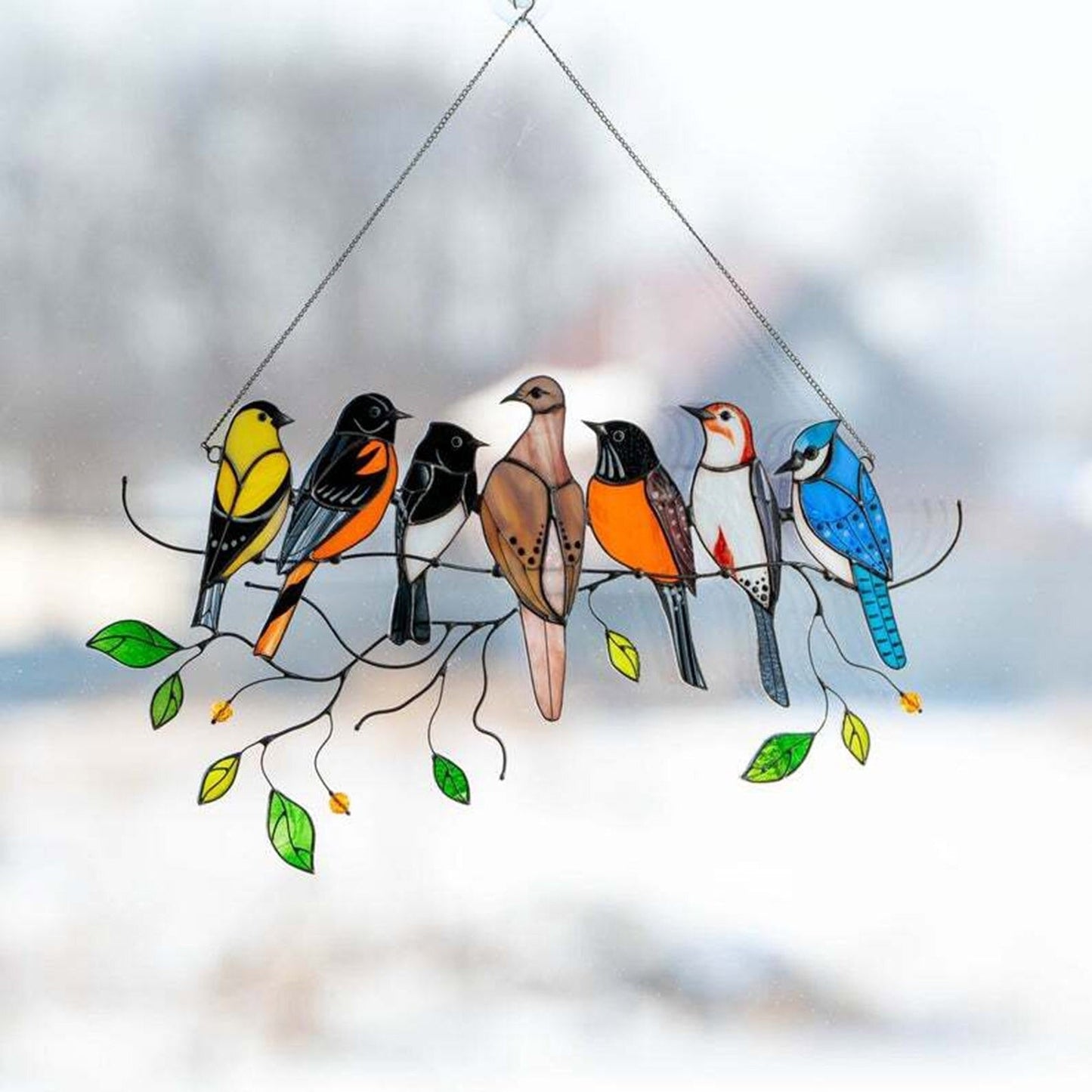 Stained Glass Hanging Bird Art with Colorful Spring Birds Suncatcher Design Motif