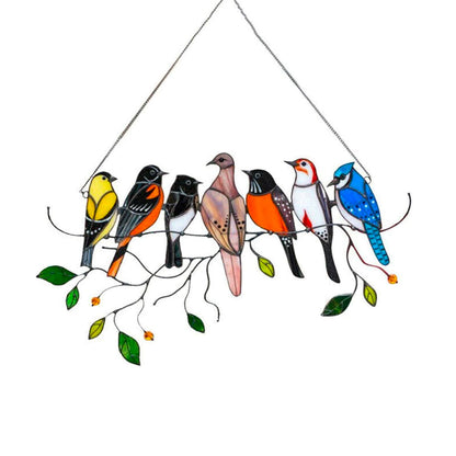 Stained Glass Hanging Bird Art with Colorful Spring Birds Suncatcher Design Motif