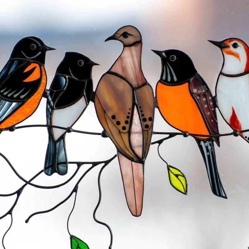 Stained Glass Hanging Bird Art with Colorful Spring Birds Suncatcher Design Motif