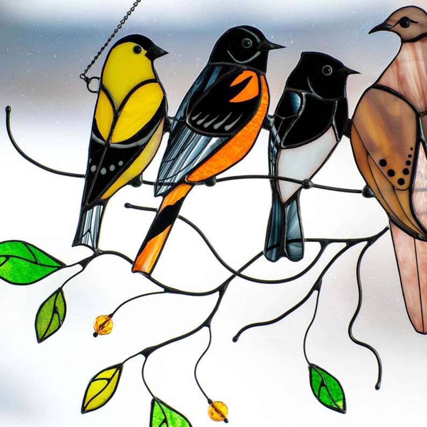 Stained Glass Hanging Bird Art with Colorful Spring Birds Suncatcher Design Motif
