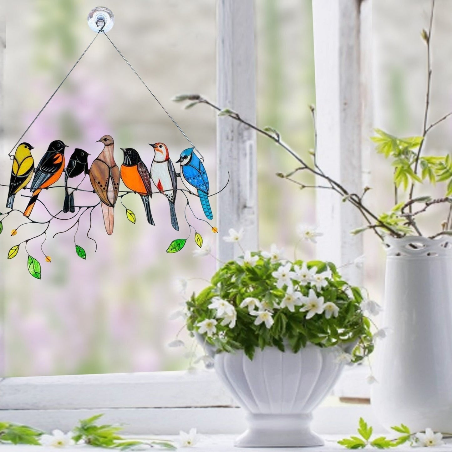 Stained Glass Hanging Bird Art with Colorful Spring Birds Suncatcher Design Motif