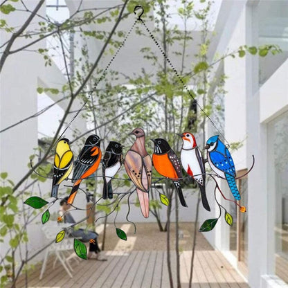 Stained Glass Hanging Bird Art with Colorful Spring Birds Suncatcher Design Motif