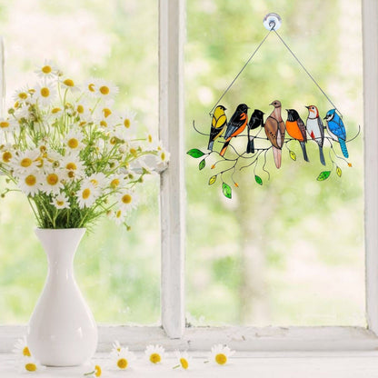 Stained Glass Hanging Bird Art with Colorful Spring Birds Suncatcher Design Motif