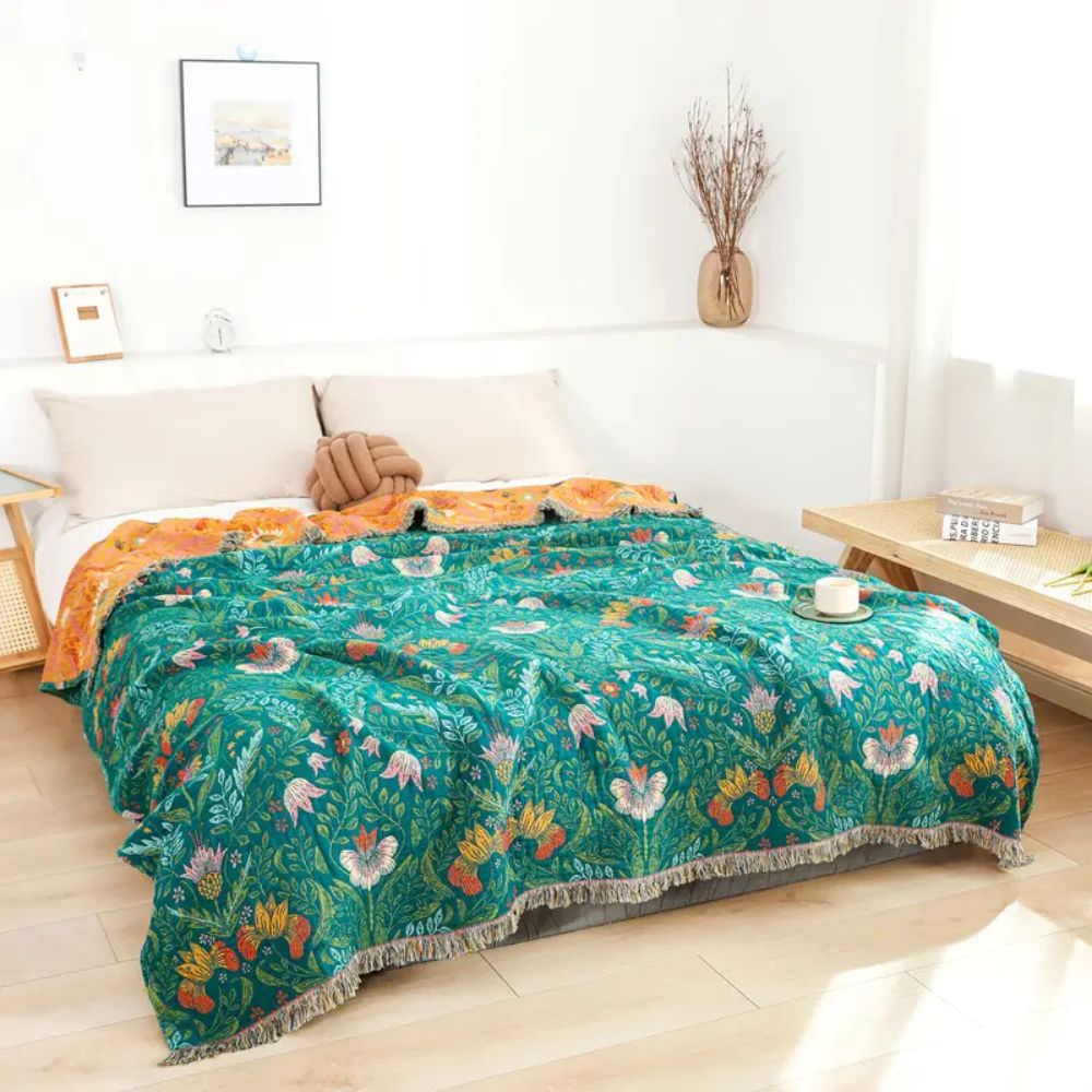 Reversible Botanical Cotton Blanket - Dual-Sided Bird & Floral Print Throw