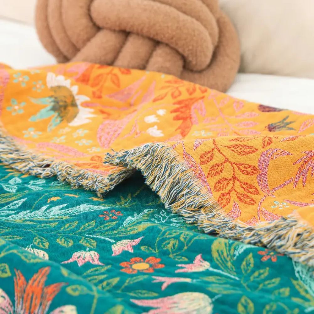 Reversible Botanical Cotton Blanket - Dual-Sided Bird & Floral Print Throw