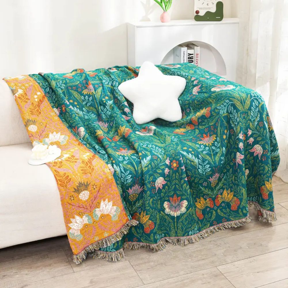 Reversible Botanical Cotton Blanket - Dual-Sided Bird & Floral Print Throw