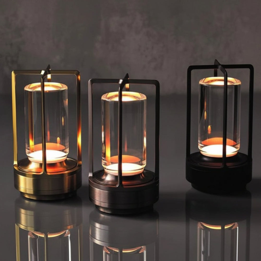 Rechargeable Cordless Table Lamp with an Outdoor Lantern Style and Adjustable Glow