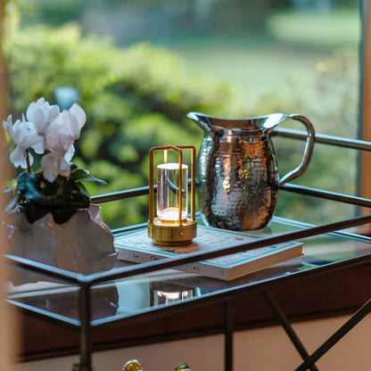 Rechargeable Cordless Table Lamp with an Outdoor Lantern Style and Adjustable Glow