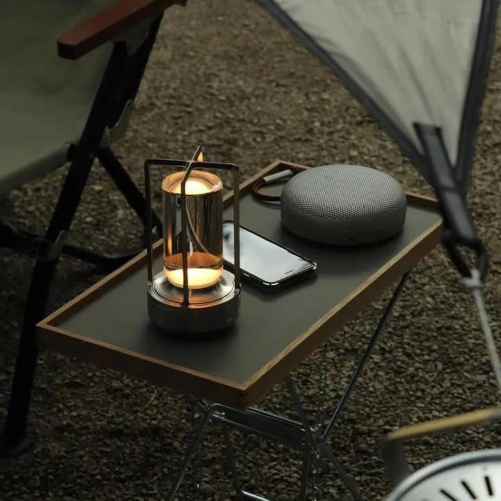 Rechargeable Cordless Table Lamp with an Outdoor Lantern Style and Adjustable Glow