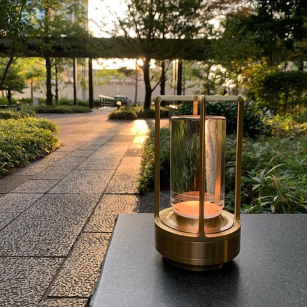 Rechargeable Cordless Table Lamp with an Outdoor Lantern Style and Adjustable Glow