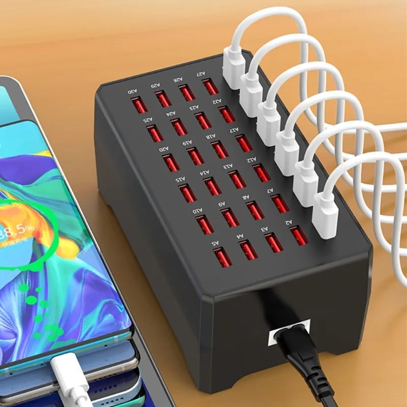 USB Charger 30 Port Multi-Device Charging Station with 150W Power & Anti-Slip Base