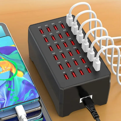 USB Charger 30 Port Multi-Device Charging Station with 150W Power & Anti-Slip Base