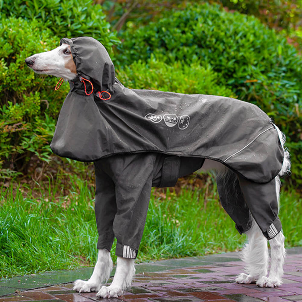 Waterproof Dog Raincoat with Reflective Hood, Four-Leg Coverage and Adjustable Fasteners