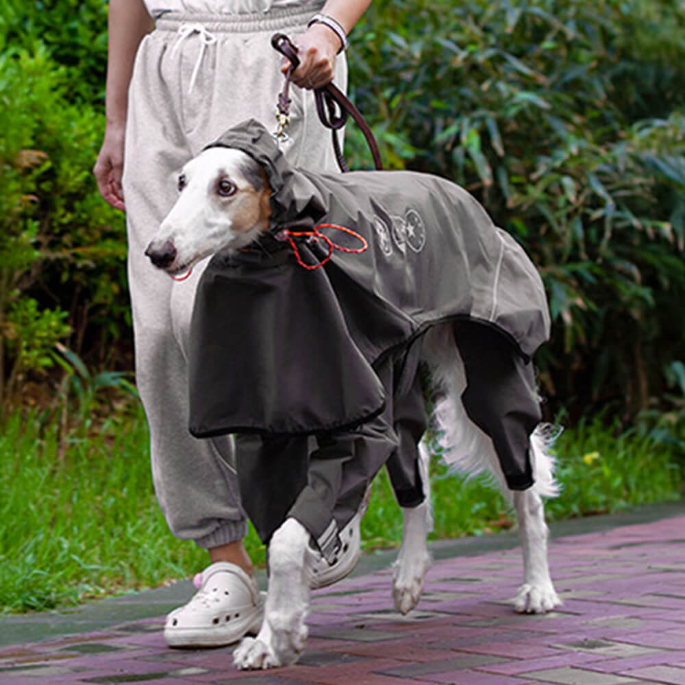 Waterproof Dog Raincoat with Reflective Hood, Four-Leg Coverage and Adjustable Fasteners
