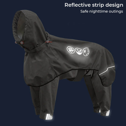 Waterproof Dog Raincoat with Reflective Hood, Four-Leg Coverage and Adjustable Fasteners