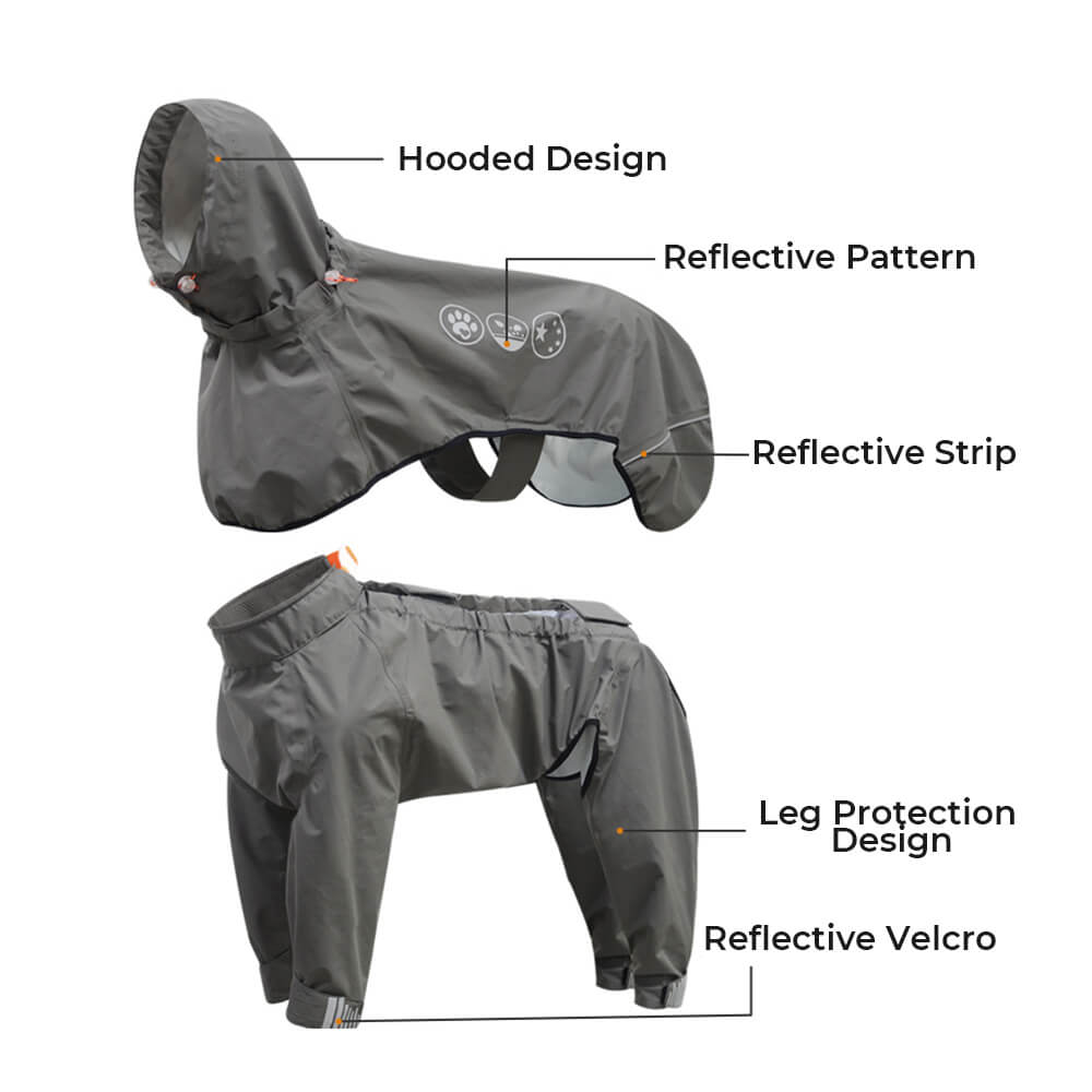 Waterproof Dog Raincoat with Reflective Hood, Four-Leg Coverage and Adjustable Fasteners