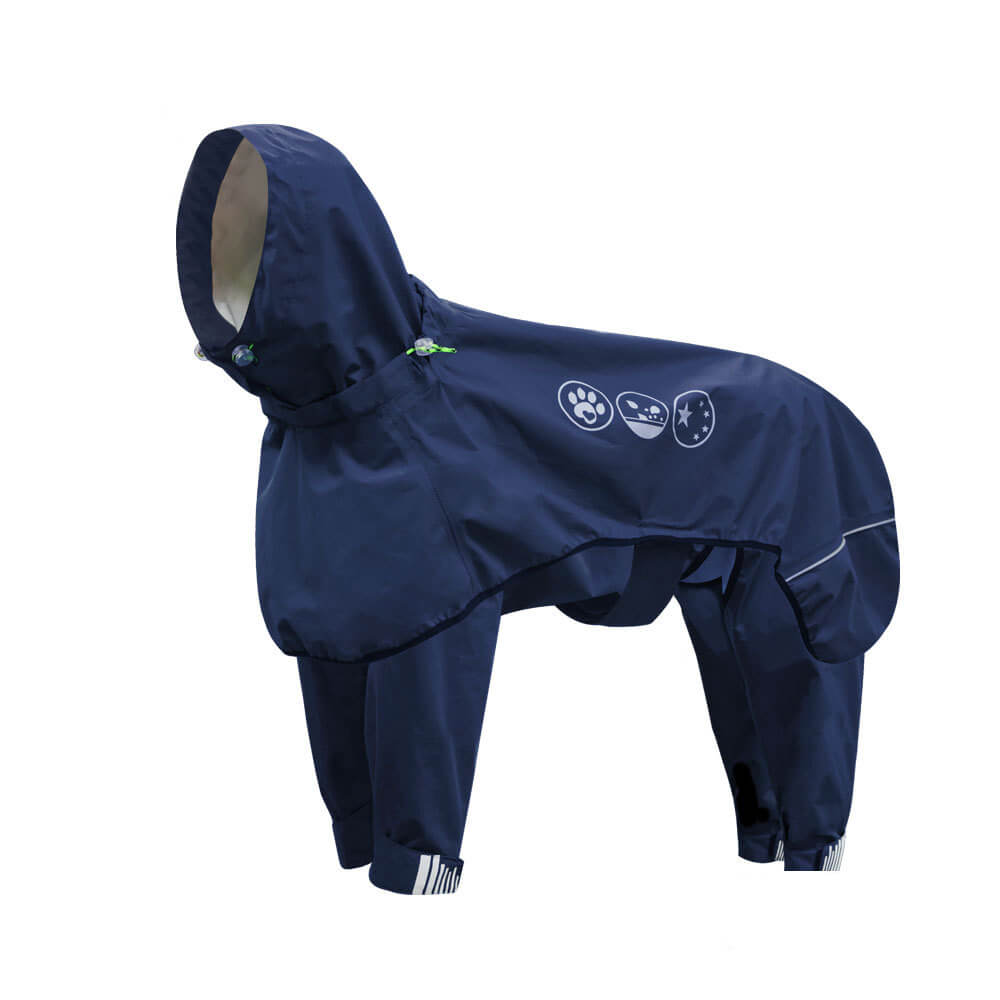 Waterproof Dog Raincoat with Reflective Hood, Four-Leg Coverage and Adjustable Fasteners