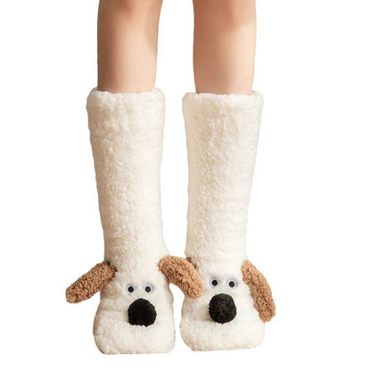 Cute Dog Fuzzy Socks Winter Fleece Leg Warmers with Fluffy Ears Embroidered Face One Size Slippers