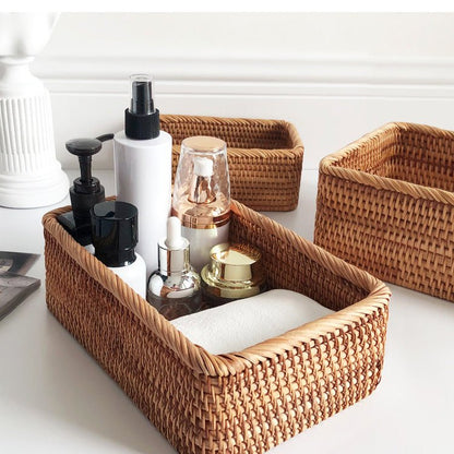 Handmade Natural Rattan Wicker Storage Baskets, Rectangular Shelf Organisers in Small, Medium, Large