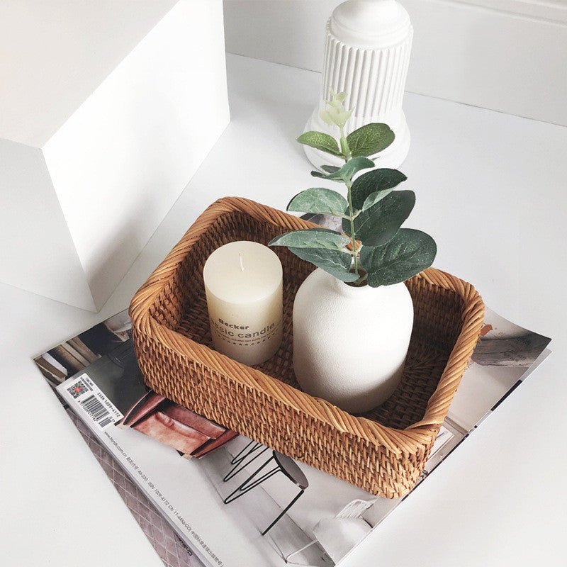 Handmade Natural Rattan Wicker Storage Baskets, Rectangular Shelf Organisers in Small, Medium, Large