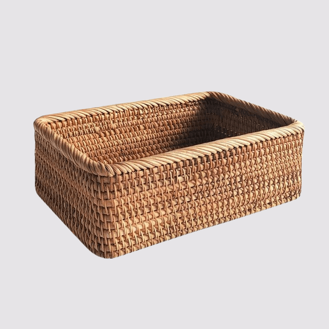 Handmade Natural Rattan Wicker Storage Baskets, Rectangular Shelf Organisers in Small, Medium, Large