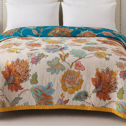 Reversible Floral Cotton Blanket - Dual-Sided Vintage Garden Print Throw
