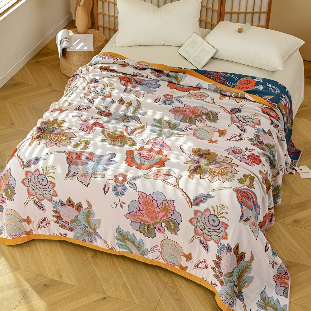 Reversible Floral Cotton Blanket - Dual-Sided Vintage Garden Print Throw