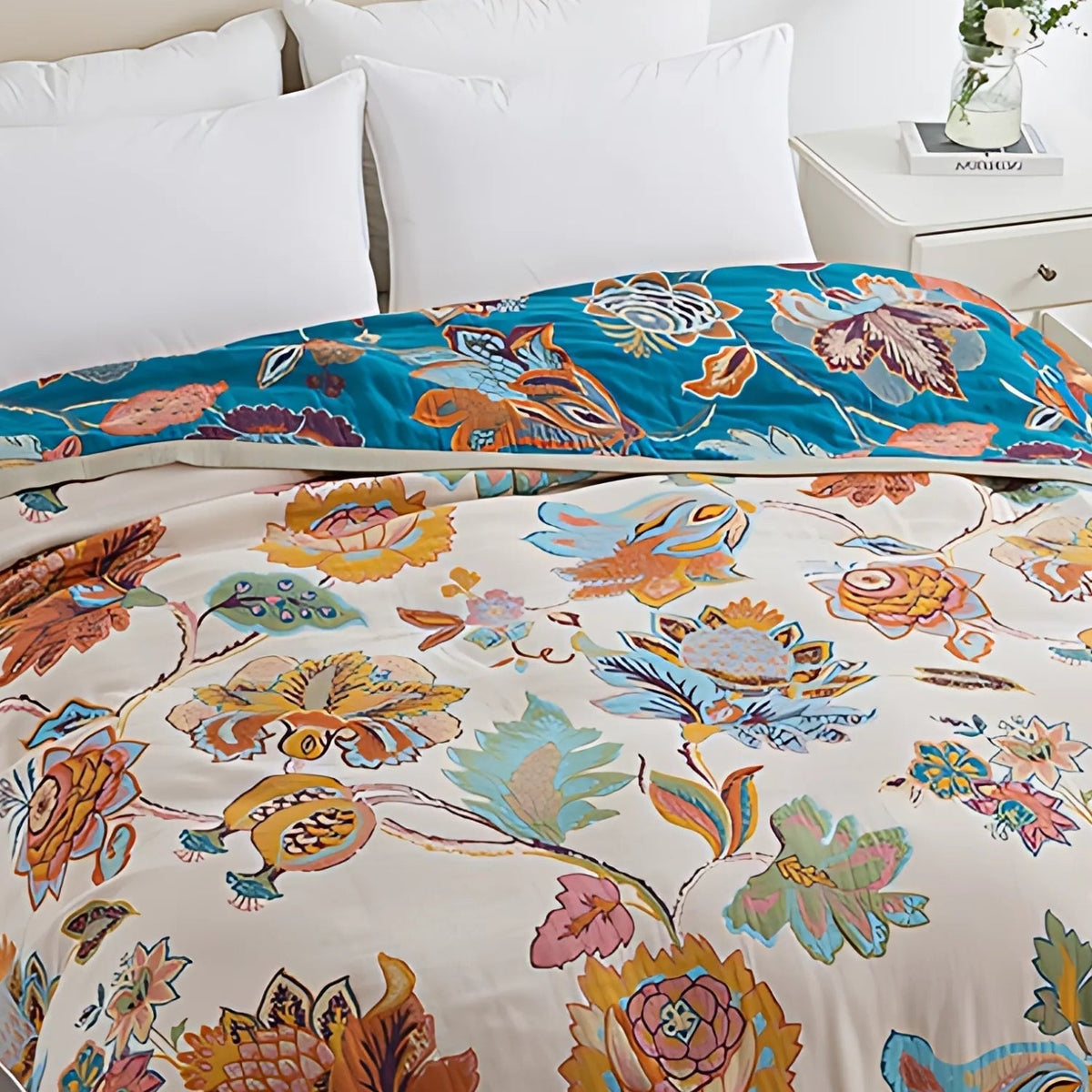 Reversible Floral Cotton Blanket - Dual-Sided Vintage Garden Print Throw
