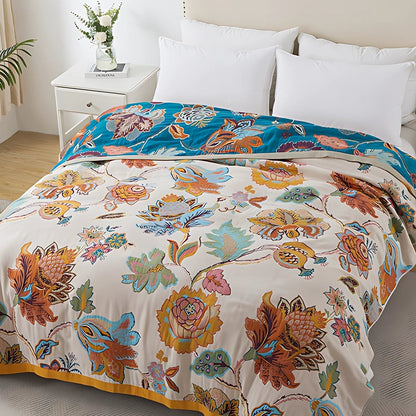 Reversible Floral Cotton Blanket - Dual-Sided Vintage Garden Print Throw