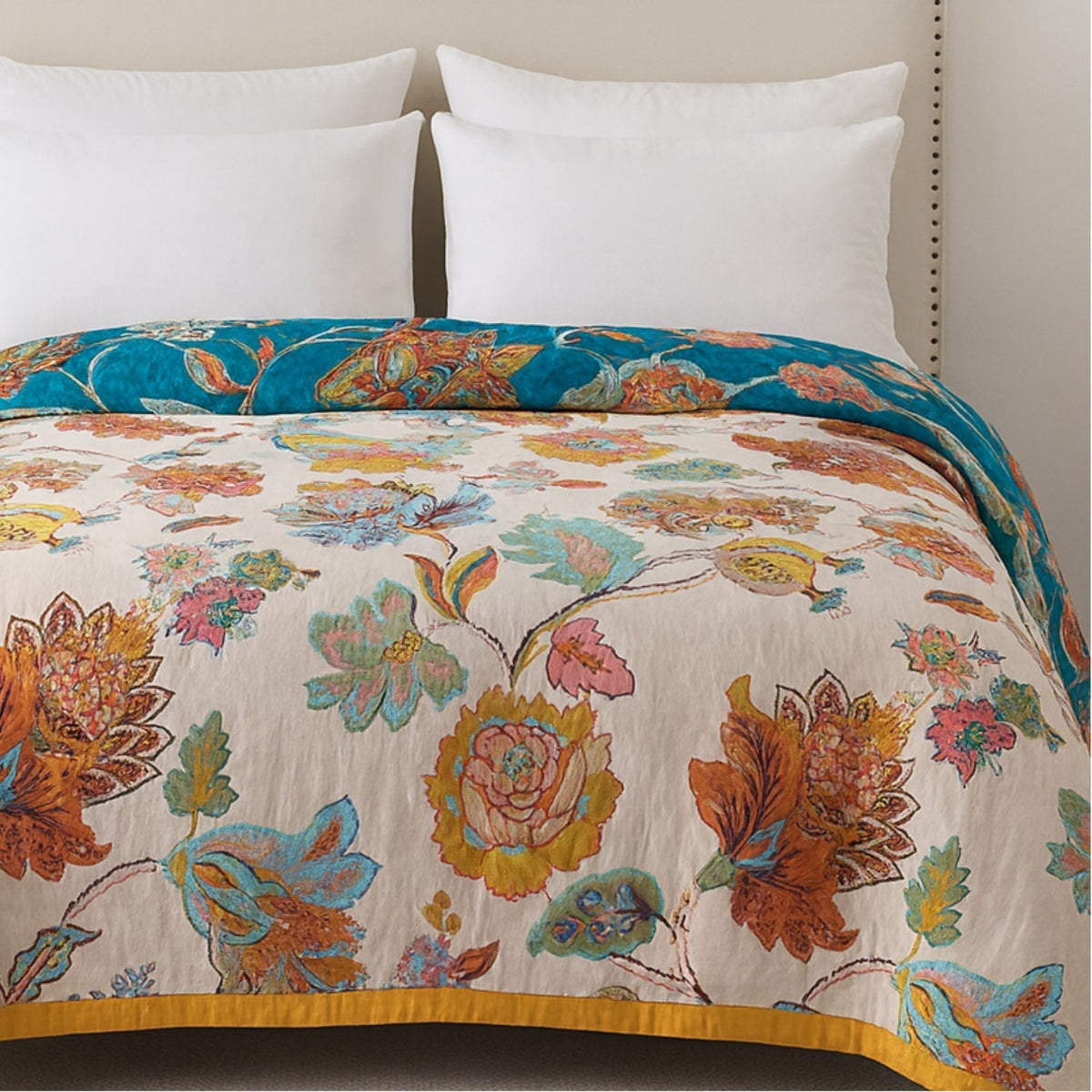 Reversible Floral Cotton Blanket - Dual-Sided Vintage Garden Print Throw