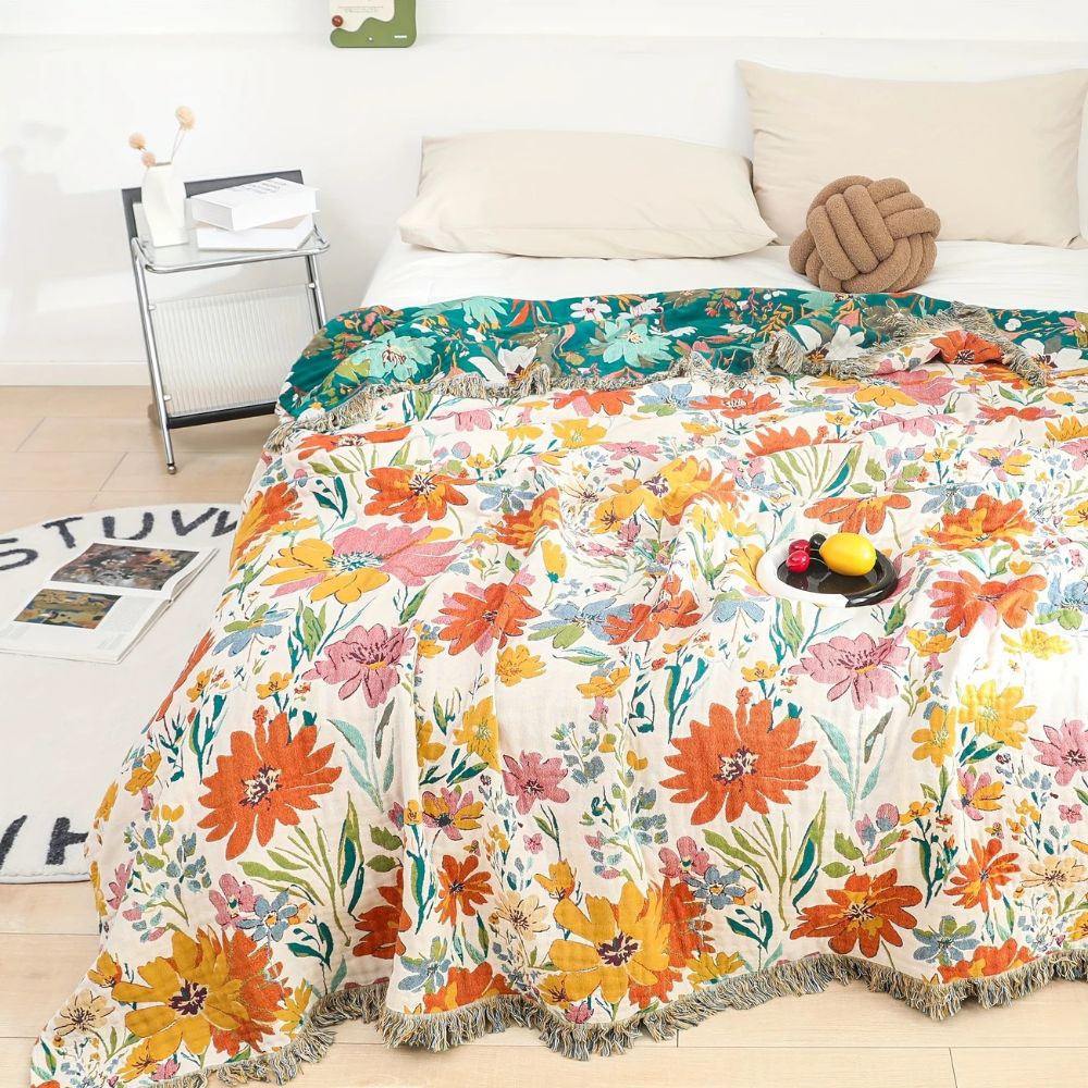 Wildflower Garden Cotton Blanket - Lightweight Floral Throw for Sofa, Bed & Travel