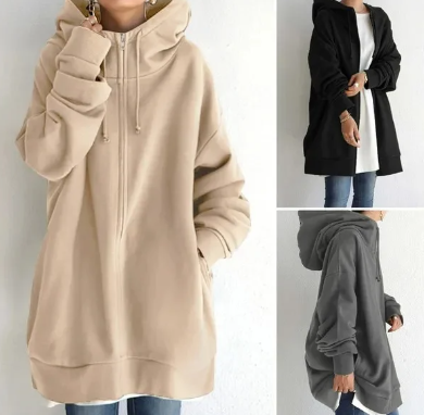 Women's Cozy Oversized Zip Hoodie with Soft Fabric, Relaxed Fit and Full-Zip Front